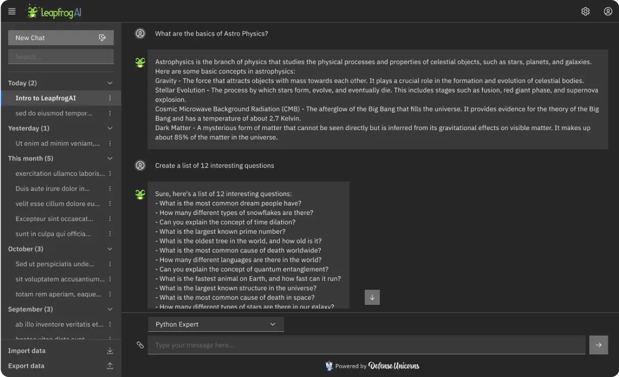 LeapfrogAI Chat Interface showing conversation history and dynamic interactions