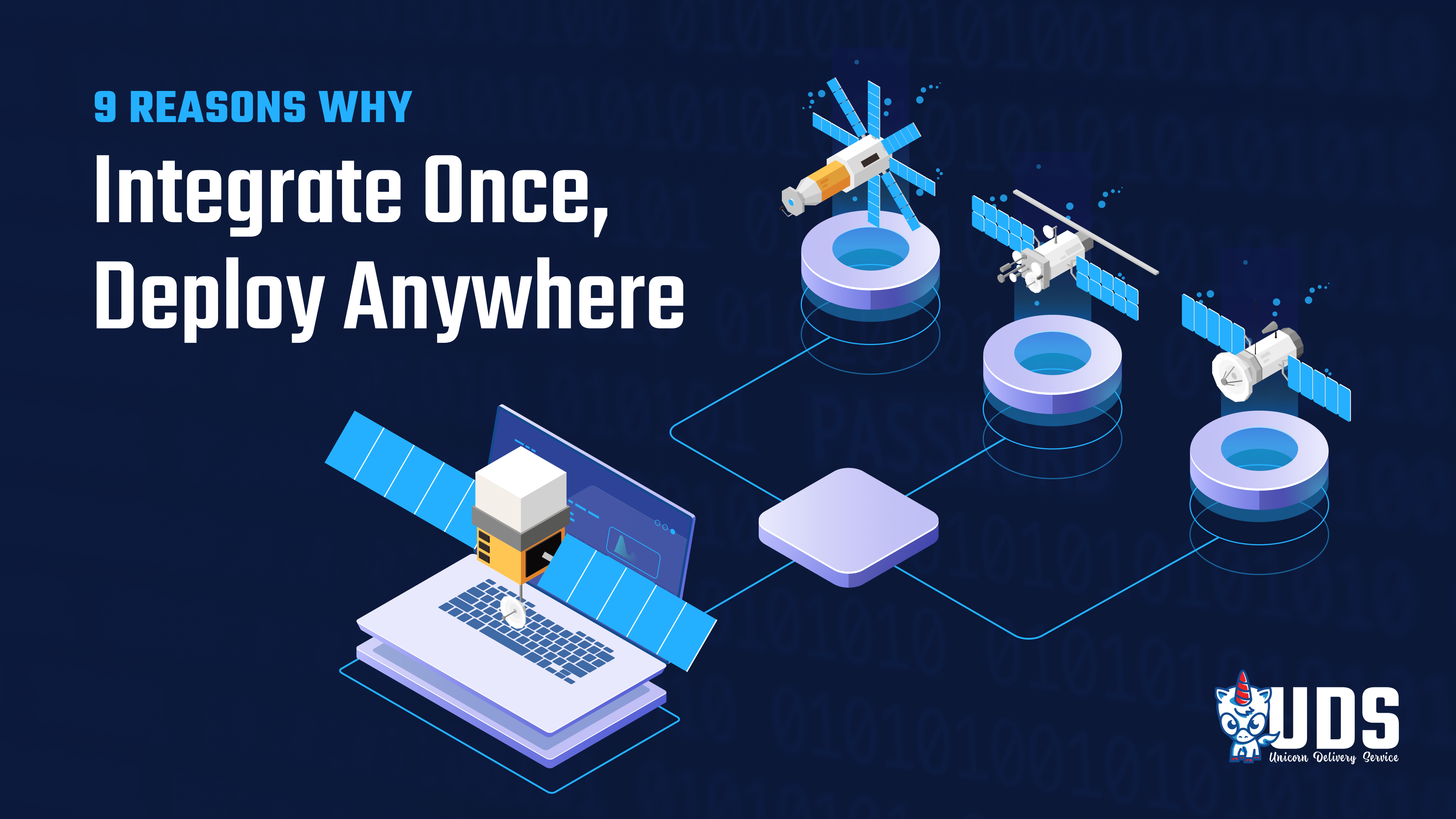 Illustration of UDS (Unicorn Delivery Service) enabling secure software delivery from a laptop to multiple satellite systems, representing "Integrate Once, Deploy Anywhere."